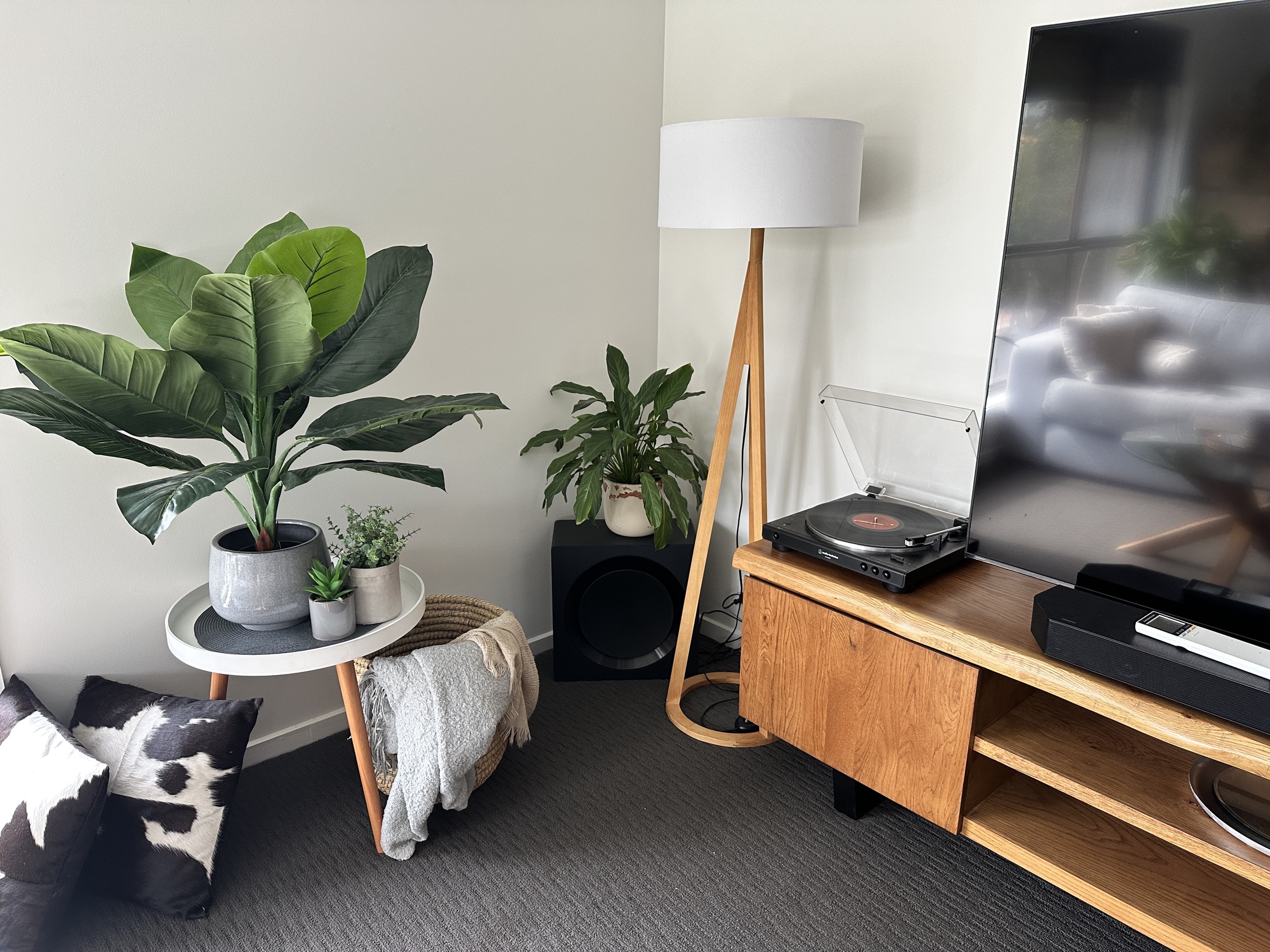 The lounge with the TV and turntable